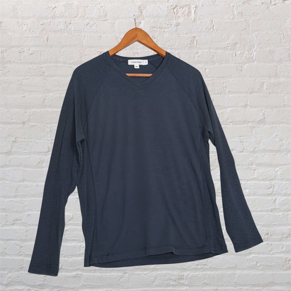 Calvin Klein Mens Navy Blue V-Neck Long Sleeve Shirt Ribbed Raglan Size M